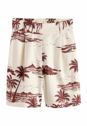 Bézs rövidnadrág barna trópusi pálmafás és szigeti tájkép mintával, elasztikus derékpánttal és övbújtatókkal.