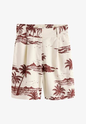 Short beige avec imprimé marron de palmier tropical et paysage insulaire, taille élastique et passants pour ceinture.