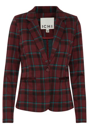 Plaid blazer in burgundy, black, and teal. Features a notched collar, single button closure, and two front pockets. Smooth fabric texture.