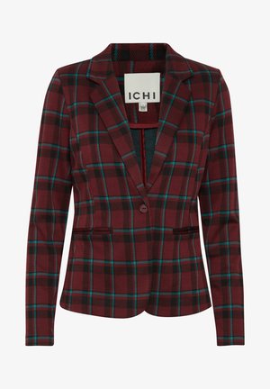 Geruite blazer in bordeaux, zwart en teal. Voorzien van een opstaande kraag, enkele knoopsluiting en twee voorzakken. Gladde stoftextuur.