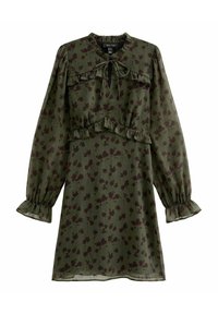 Vestido floral verde con mangas largas con puños elásticos, escote con volantes y acentos en la cintura, confeccionado en una tela ligera y texturada.