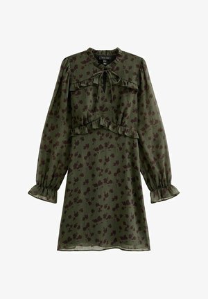 Groene bloemenjurk met lange mouwen en elastische manchetten, met een gerimpelde halslijn en tailleaccenten, gemaakt van lichtgewicht, textuurstof.