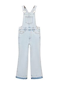 Light blue denim overalls with adjustable straps, a front chest pocket, and flared legs featuring frayed hems. Two side pockets included.