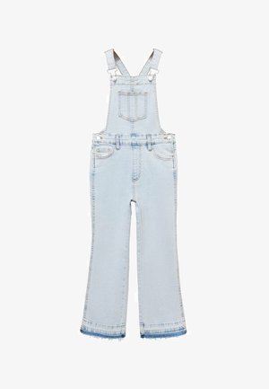 Lyseblå denim overalls med justerbare stropper, en lomme på brystet og brede ben med flossede sømme. To sidelommer er inkluderet.
