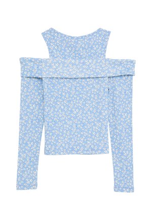 Blauw bloemen boven de schouder top met lange mouwen, met een geribbeld textuur en witte bloemenpatronen door het geheel.