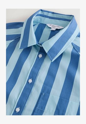 Blau- und hellblau gestreiftes Hemd mit Kragen, sechs Knöpfen und einer Brusttasche, aus glattem Stoff gefertigt.