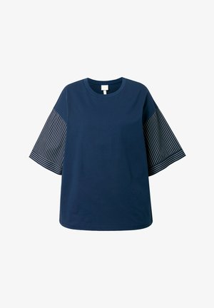 Navyblauw T-shirt met korte mouwen, brede gestreepte mouwen, ronde hals en een losse pasvorm.