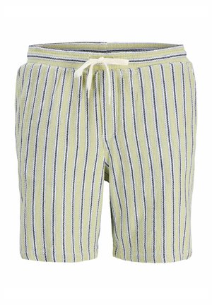 Shorts tricotés à rayures verticales vert clair, blanc et bleu foncé, avec une taille élastique et un cordon de serrage blanc.