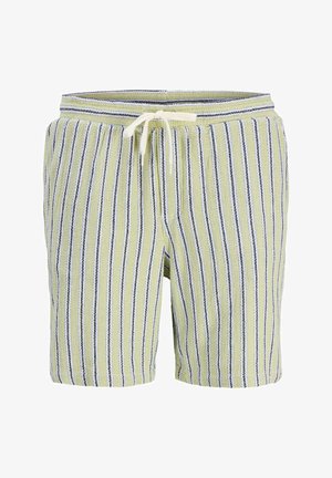 Shorts tricotés à rayures verticales vert clair, blanc et bleu foncé, avec une taille élastique et un cordon de serrage blanc.