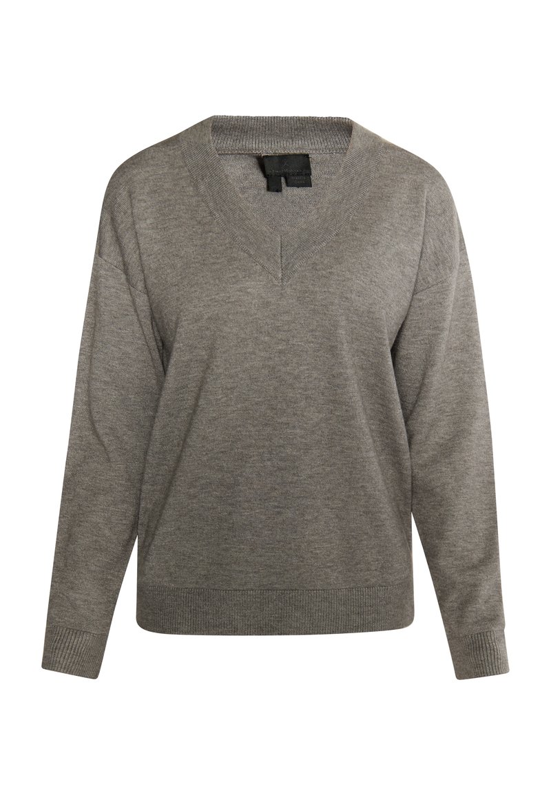 Grauer gestrickter Pullover mit V-Ausschnitt, überschnittenen Schultern und gerippten Bündchen. Die weiche Textur und der lockere Schnitt bieten Komfort und Vielseitigkeit.
