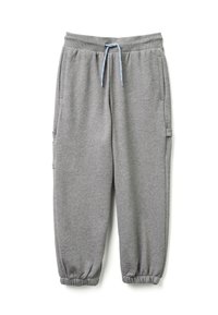 Šedé tepláky s elastickým pasem, modrým šňůrkovým stahováním, bočními kapsami a elastickými manžetami na kotnících. Vyrobeny z měkké, texturované tkaniny.