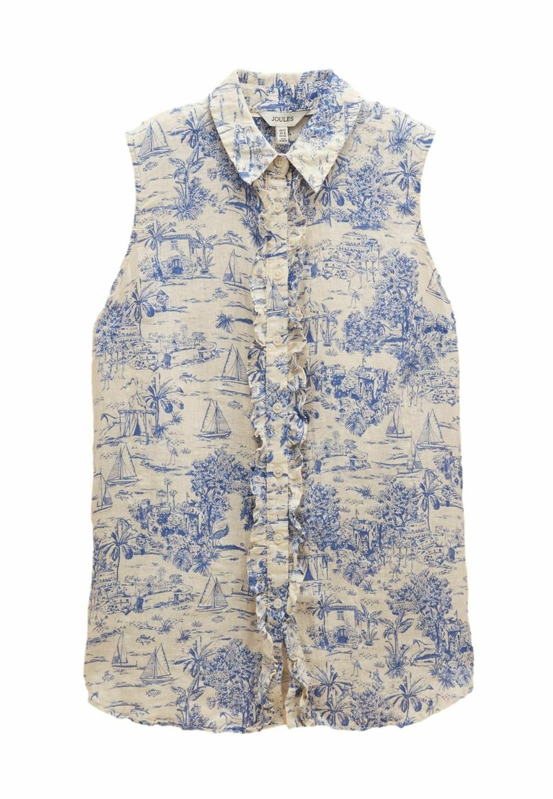 Bluză fără mâneci, cu un imprimeu peisaj în nuanțe de albastru și crem, dotată cu volane pe mijloc și închidere cu nasturi. Confectionată dintr-un material ușor.
