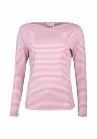 Langarmoberteil in Rosé mit weißen horizontalen Streifen. Verfügt über ein überlappendes V-Ausschnitt-Design und einen weichen, dehnbaren Stoff.