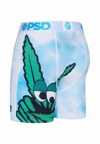 Bokserki z mieszanki bawełny z zielonym nadrukiem kartonowego liścia na jasnoniebieskim tle z motywem chmur; elastyczny pas w kolorze niebieskim.