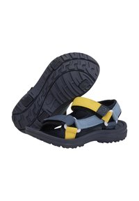 Sport sandaler med svarta sulor, andningsbara marinsjölja och ljusblå remmar, samt gula accentband. Inkluderar vadderad fotbädd och texturerad yttersula.