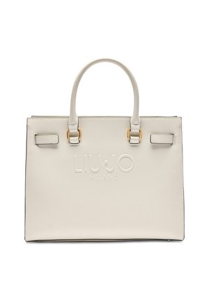 Borsa a tracolla in pelle bianca con texture, due manici superiori, dettagli in metallo dorato e logo "LIU JO MILANO" impressa sul davanti.
