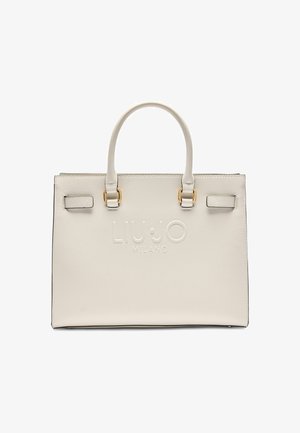 Borsa a tracolla in pelle bianca con texture, due manici superiori, dettagli in metallo dorato e logo "LIU JO MILANO" impressa sul davanti.