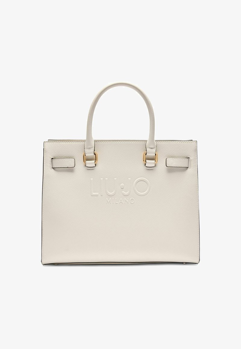 Borsa a tracolla in pelle bianca con texture, due manici superiori, dettagli in metallo dorato e logo "LIU JO MILANO" impressa sul davanti.