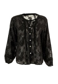 Blusa negra transparente con mangas largas, cierre de botones al frente, patrón floral y puntos metálicos dispersos. Tejido ligero con un ajuste relajado.