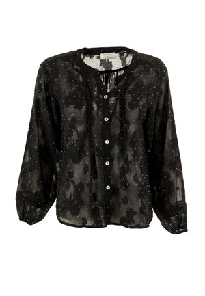 Blusa negra transparente con mangas largas, cierre de botones al frente, patrón floral y puntos metálicos dispersos. Tejido ligero con un ajuste relajado.