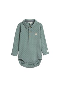 Pitkähihaisessa bodysuitissa on hillitty vihreä väri, napillinen kaulus, pieniä tähtikuvioita ja teddykarhumpainanta rinnassa.