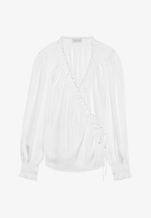 Balta blūze ar ruļļu apdari, pieguloša josta un garām puff piedurknēm ar elastīgām aprocēm; izgatavota no viegla, gluda auduma.