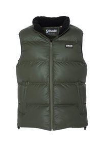Olivově zelená prošívaná vesta s černým límcem s flísovou podšívkou, předním zipem a dvěma bočními kapsami. Na hrudi je logo "Schott".