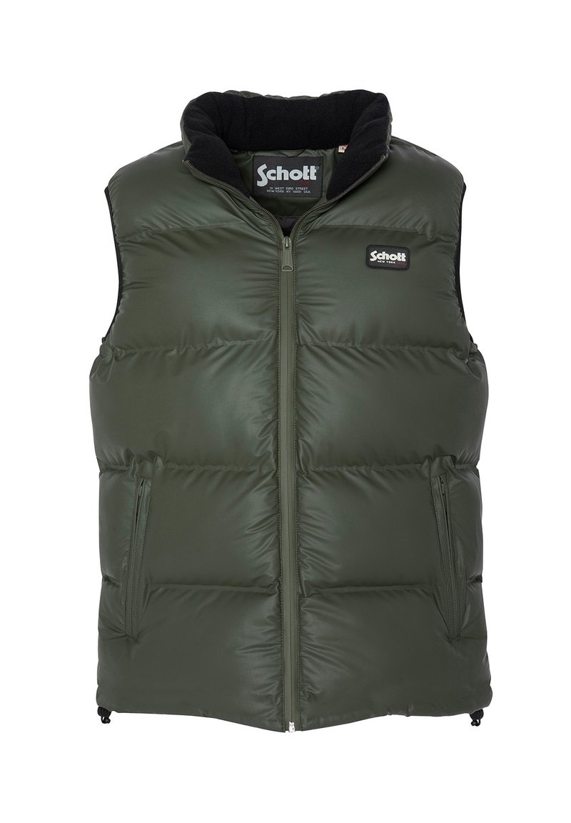 Olivově zelená prošívaná vesta s černým límcem s flísovou podšívkou, předním zipem a dvěma bočními kapsami. Na hrudi je logo "Schott".