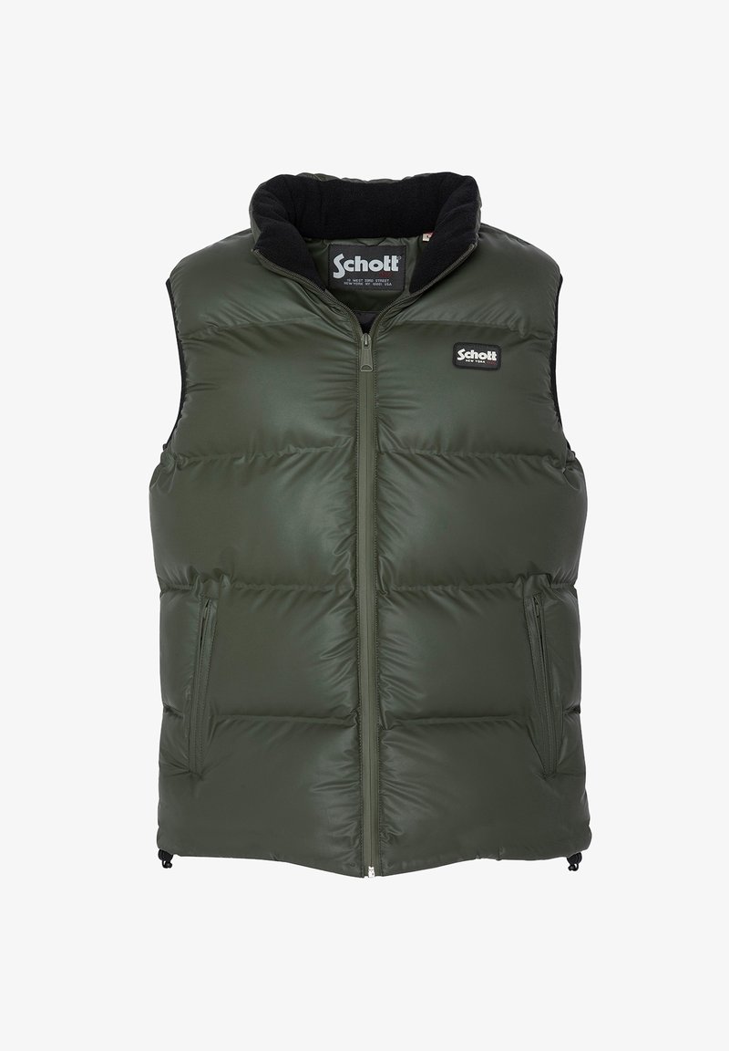 Olivově zelená prošívaná vesta s černým límcem s flísovou podšívkou, předním zipem a dvěma bočními kapsami. Na hrudi je logo "Schott".