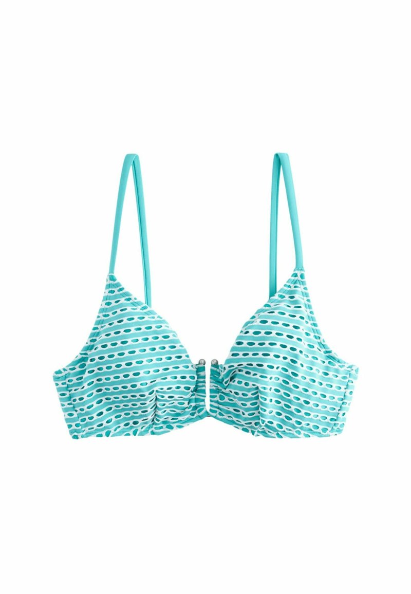 Turkos bikiniöverdel med tunna remmar, med ett mönster av vita ränder och moderna prickar, justerbar framknäppning.