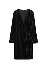 Robe portefeuille noire à manches longues, réalisée dans un matériau brillant avec un motif texturé. Comprend une ceinture nouée à la taille et un décolleté en V.