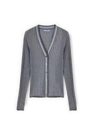 Szary prążkowany kardigan z dzianiny, z długimi rękawami, dekoltem w kształcie litery V oraz złotymi guzikami z przodu, ozdobiony czarno-białą lamówką na krawędziach.