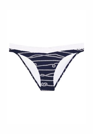 Navy blue bikini bottom with white rope stripes and knots. Features a textured waistband and smooth interior lining.
