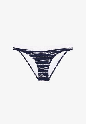 Navy blue bikini bottom with white rope stripes and knots. Features a textured waistband and smooth interior lining.