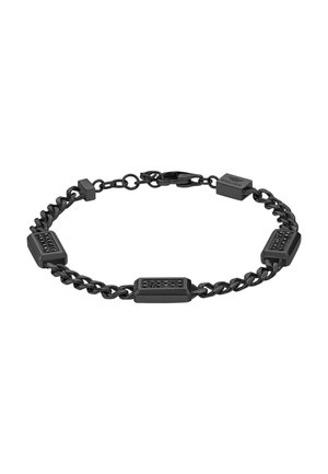 Black metal chain bracelet with four rectangular sections embedded with small black stones and a lobster clasp closure.