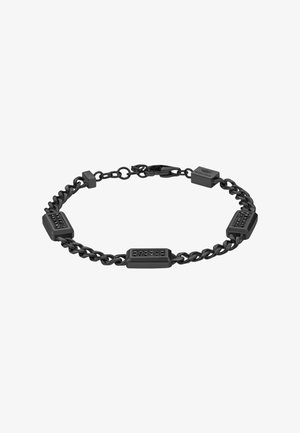 Bracciale a catena in metallo nero con quattro sezioni rettangolari incastonate con piccoli sassi neri e chiusura a moschettone.