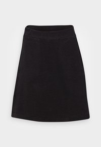 Falda de algodón negra con corte recto, cintura elástica y bolsillos laterales. Textura suave sin patrones ni adornos.