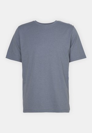 T-shirt gris à manches courtes avec un col rond, fabriqué en un doux tissu en mélange de coton. Design simple, sans motifs ni accents.