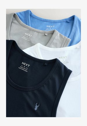 Four tank tops displayed in a stacked arrangement: navy, gray, blue, and white. Each has a round neckline and minimal branding.