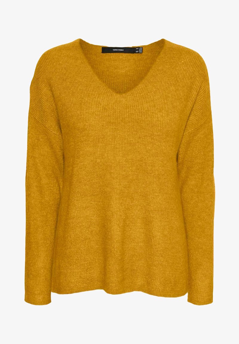 Sweater tricotado amarelo mostarda com decote em V, mangas longas e corte relaxado. Apresenta textura canelada e fendas laterais na barra.
