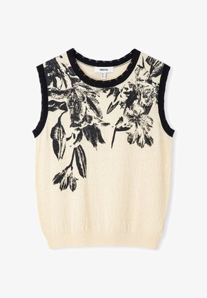 Mouwloos beige gebreid topje met zwarte bloemenprint aan de bovenkant van de voorkant, zwarte bies bij de halslijn en armsgaten, geribbelde zoom.
