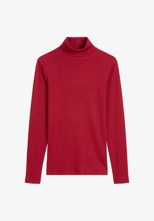 Rotes Langarm-Turtleneck-Shirt aus weichem Stoff, mit körperbetontem Schnitt und geripptem Kragen, das eine glatte Textur und einen geraden Saum aufweist.
