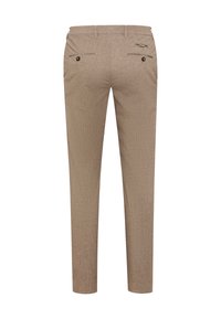 Bruine gemusterde broek met een slim fit, rits- en knoopsluiting, twee achterzakken met knopen en een gestructureerde stofafwerking.