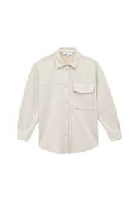 Lys beige skjorte med knapper, krave, lange ærmer og en enkelt brystlomme. Fremstillet af blødt stof med en glat tekstur.