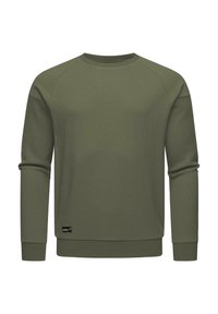 Sudadera verde de manga larga con tejido texturizado, cuello redondeado y puños acanalados. Presenta una pequeña etiqueta de logo en la parte inferior.