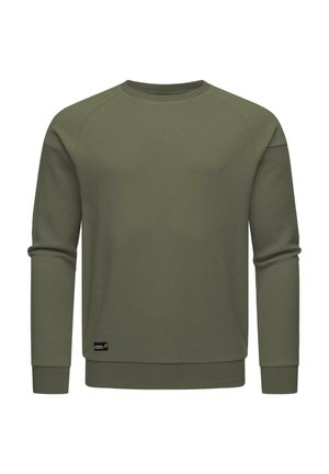Sweatshirt vert à manches longues en tissu texturé, avec un col rond et des poignets côtelés. Il présente une petite étiquette logo sur le côté inférieur.