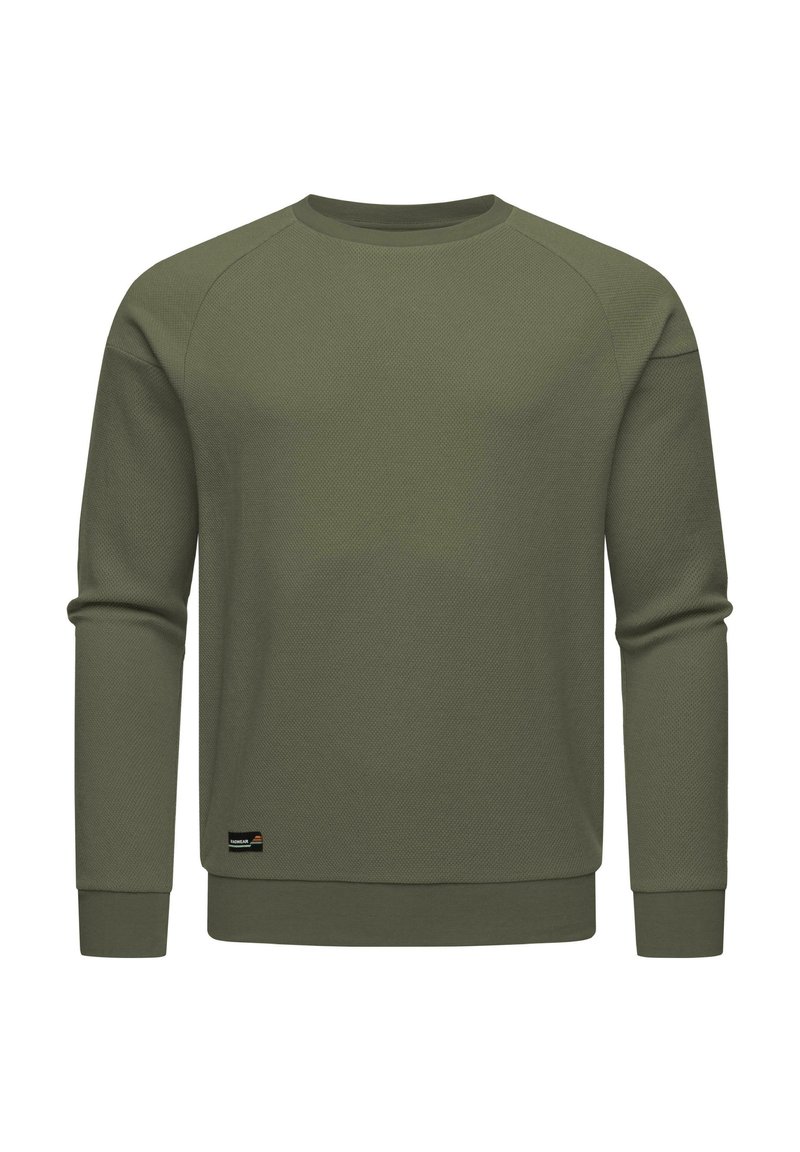 Sudadera verde de manga larga con tejido texturizado, cuello redondeado y puños acanalados. Presenta una pequeña etiqueta de logo en la parte inferior.