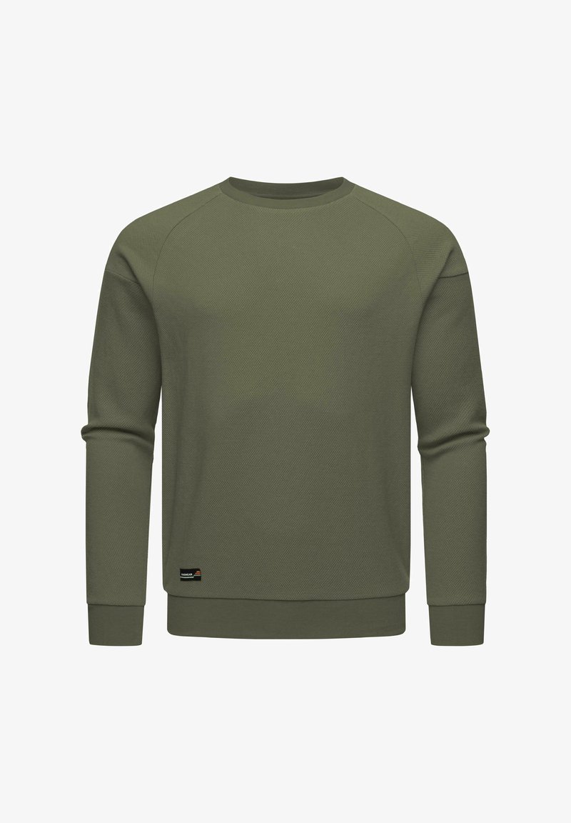 Felpa verde a maniche lunghe con tessuto a trama, collo arrotondato e polsini a coste. Presenta un piccolo etichetta con logo sul lato inferiore.