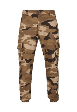 Braune und beige Tarn-Cargohosen mit seitlichen Klappentaschen, Knopfverschluss, Gürtelschlaufen und elastischen Bündchen an den Knöcheln.