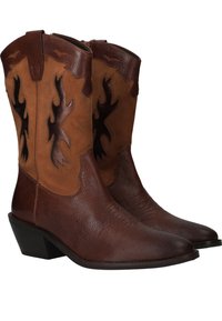 Bruine leren cowboylaarzen met een puntige neus, contrasterende beige panelen met vlamvormige uitsnijdingen en een lage gestapelde hak.